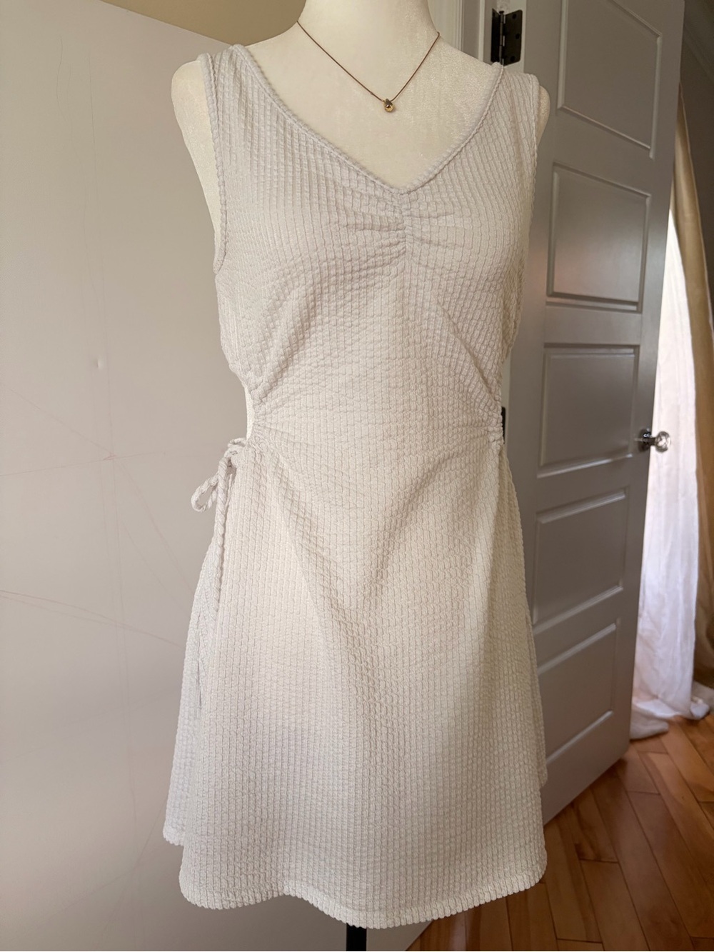 Textured White Tied-Waist Cutout Dress
